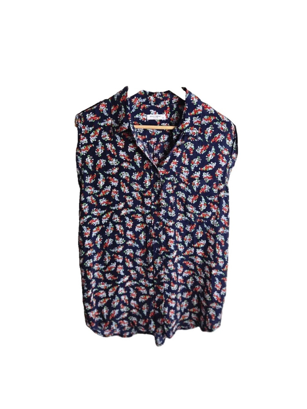 Equipment Femme Silk Blouse M Navy Floral Sleeveless Button Down Shirt Womens
